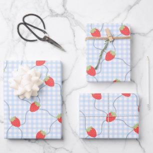 Nahtloses Erdbeer-Gingham-Muster Geschenkpapier Set