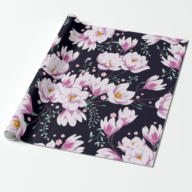 Nahtloses Federmuster mit Magnolien. Geschenkpapier (Ungerollt)