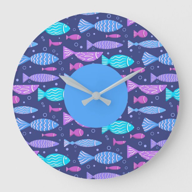 Nahtloses, flaches Muster mit Doodle-Fischen Große Wanduhr (Vorderseite)