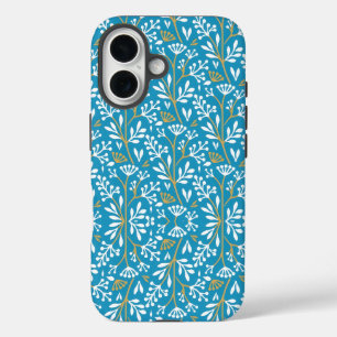 Nahtloses florales Muster: Weiß und Gold auf Blau iPhone 16 Hülle