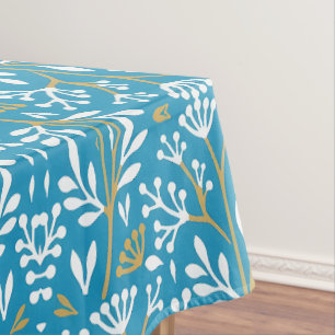 Nahtloses florales Muster: Weiß und Gold auf Blau Tischdecke