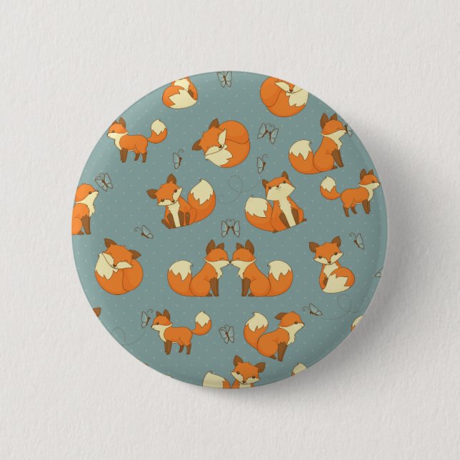Nahtloses Fox- und Schmetterlings-Muster Button (Vorderseite)