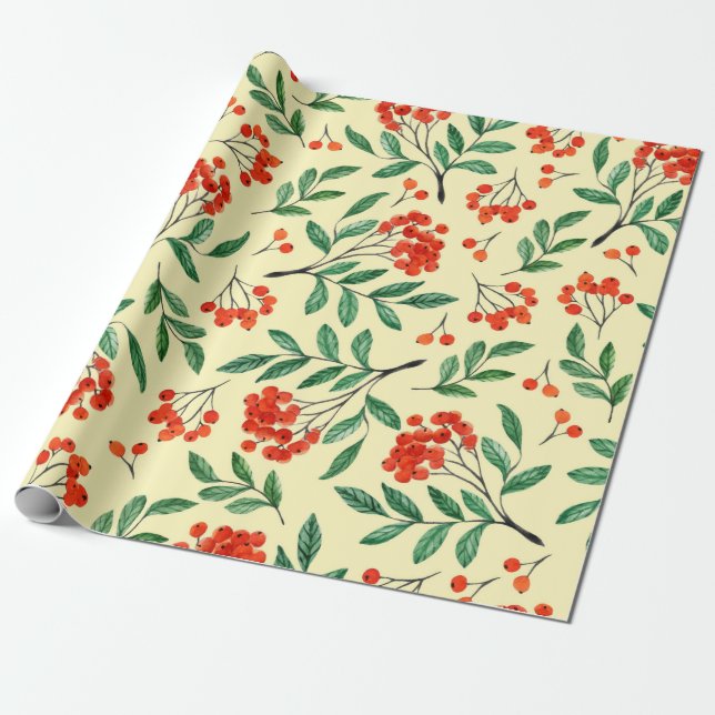 Nahtloses gelbes Muster mit Rowan. Wasserfarbe han Geschenkpapier (Ungerollt)