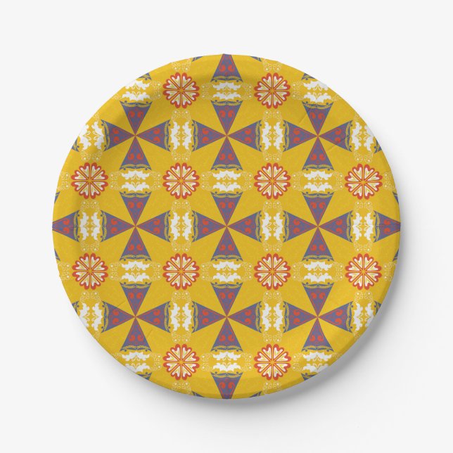 Nahtloses geometrisches Muster mit Orange und Blau Pappteller (Vorderseite)