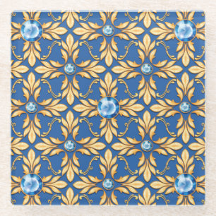 Nahtloses goldenes Muster mit blauen Edelsteinen 1 Glasuntersetzer