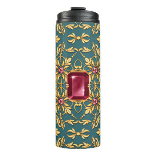 Nahtloses goldenes Muster mit Ruby Thermosbecher