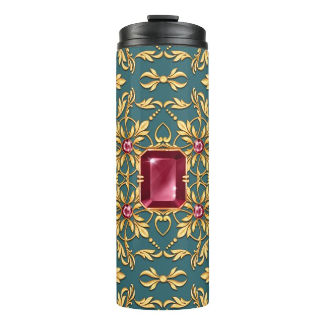 Nahtloses goldenes Muster mit Ruby Thermosbecher (Vorderseite)