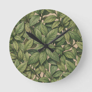Nahtloses grünes Blatt Botanisches Vintage-Muster Runde Wanduhr