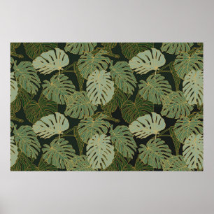Nahtloses grünes Khaki und Gold Monstera Muster Poster