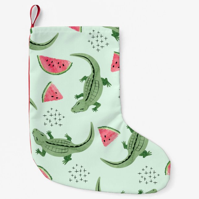 Nahtloses Krokodilmuster mit Wassermelonen-Scheibe Kleiner Weihnachtsstrumpf (Vorderseite)