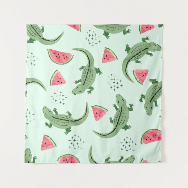 Nahtloses Krokodilmuster mit Wassermelonen-Scheibe Wandteppich (Vorderseite)