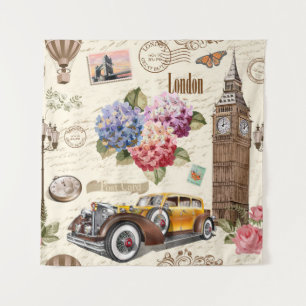 Nahtloses Londoner Vintages Ambiente mit Retroauto Wandteppich