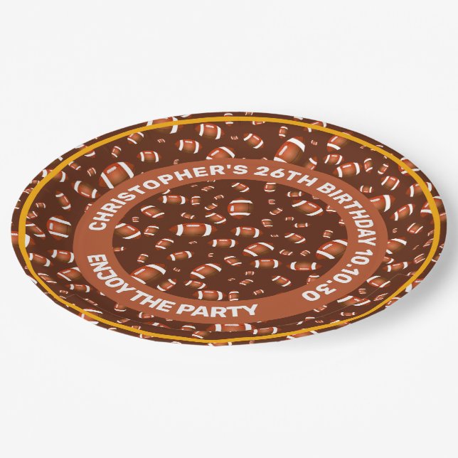 Nahtloses Muster amerikanischer Fußballbälle Pappteller (Schrägansicht)