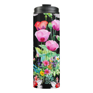 Nahtloses Muster auf schwarzem Hintergrund. Farbig Thermosbecher