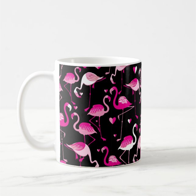 Nahtloses Muster aus rosa Flamingos auf dunklem Ba Kaffeetasse (Links)