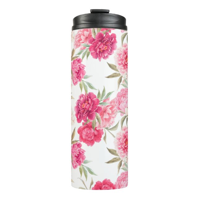 Nahtloses Muster aus rosa Pfingstrosen Thermosbecher (Vorderseite)