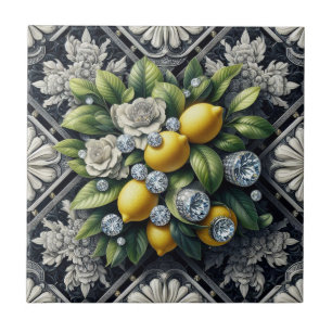 Nahtloses Muster B&W Art Deco Zitronen und Diamant Fliese