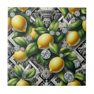 Nahtloses Muster B&W Art Deco Zitronen und Diamant Fliese