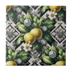Nahtloses Muster B&W Art Deco Zitronen und Diamant Fliese