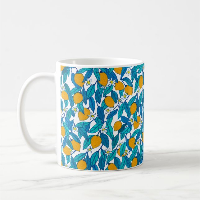 Nahtloses Muster. Blühende Zitrone. Blume Neroli.  Kaffeetasse (Links)