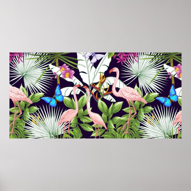 Nahtloses Muster, Hintergrund mit Flamingo und Tru Poster (Vorne)