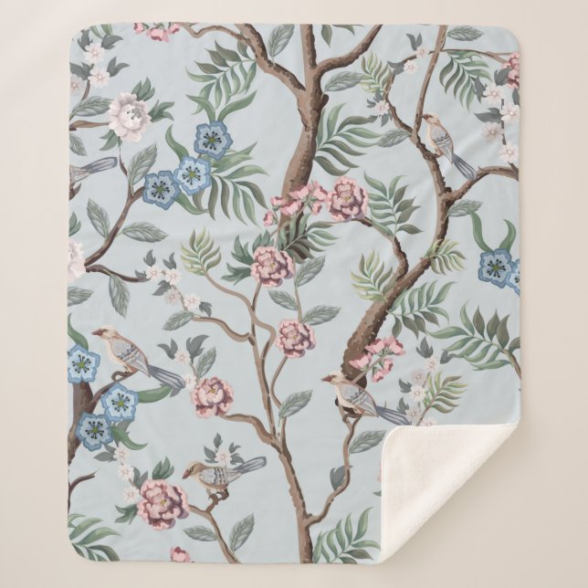 Nahtloses Muster im Chinoiserie-Stil mit Pionieren Sherpadecke (Vorderseite)