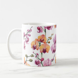 Nahtloses Muster mit Aquarellorchideen-Blume  Kaffeetasse