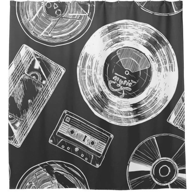 Nahtloses Muster mit Audio- und Videoträgern. Vi Duschvorhang (Vorderseite)