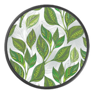 Nahtloses Muster mit Blätter aus grünem Tee Eishockey Puck