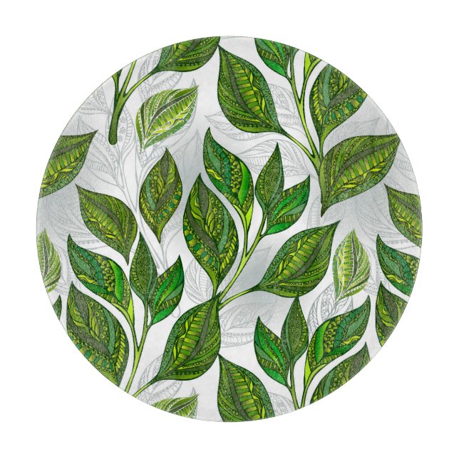 Nahtloses Muster mit Blätter aus grünem Tee Schneidebrett (Vorderseite)