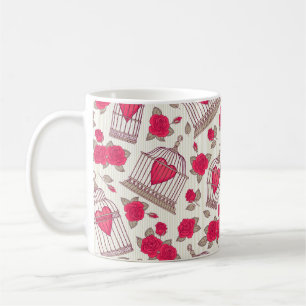 Nahtloses Muster mit Blume und Vogelkäfigen. Rose Kaffeetasse
