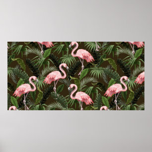 Nahtloses Muster mit Flamingo- und tropischen Blät Poster