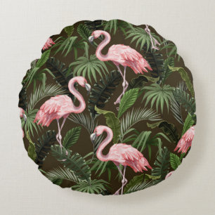 Nahtloses Muster mit Flamingo- und tropischen Blät Rundes Kissen