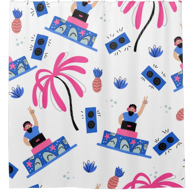 Nahtloses Muster mit fröhlichen dj palmen pineapp Duschvorhang (Vorderseite)