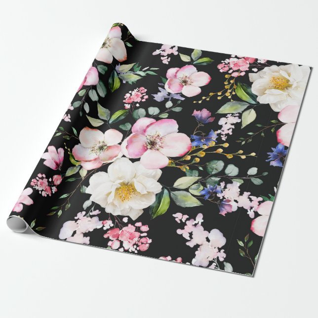 Nahtloses Muster mit Frühlingsblumen und Blätter.  Geschenkpapier (Ungerollt)