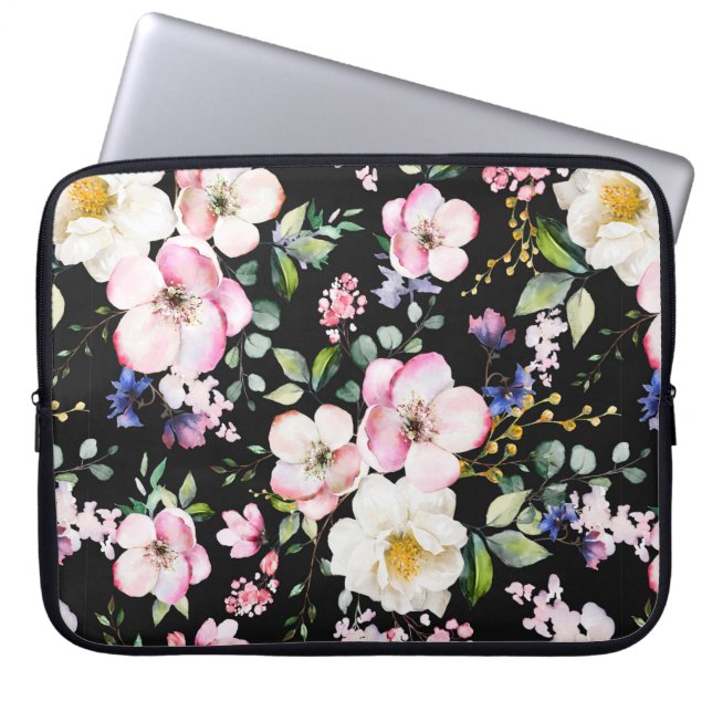 Nahtloses Muster mit Frühlingsblumen und Blätter.  Laptopschutzhülle (Vorderseite)