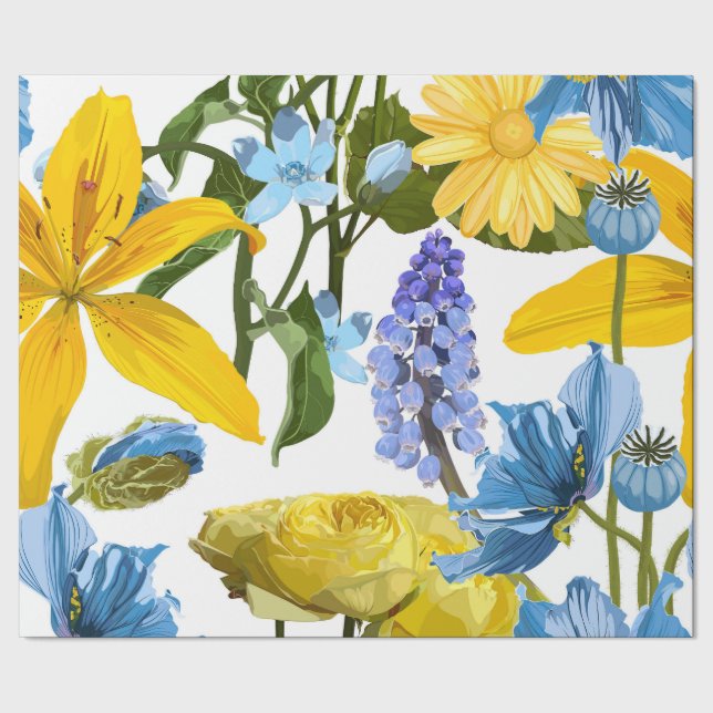 Nahtloses Muster mit gelb blauen Blumen. Geschenkpapier (Saum)