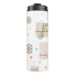 Nahtloses Muster mit Geschenkboxen. Geschenke Thermosbecher
