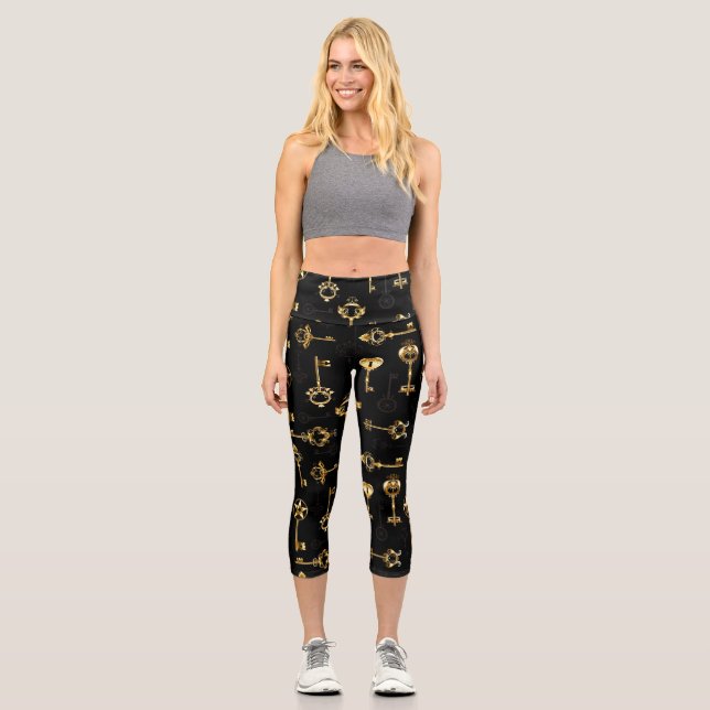 Nahtloses Muster mit Golden Keys Capri Leggings (Vorderseite)