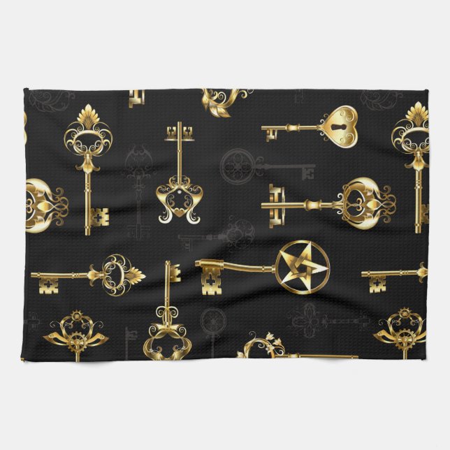 Nahtloses Muster mit Golden Keys Geschirrtuch (Horizontal)