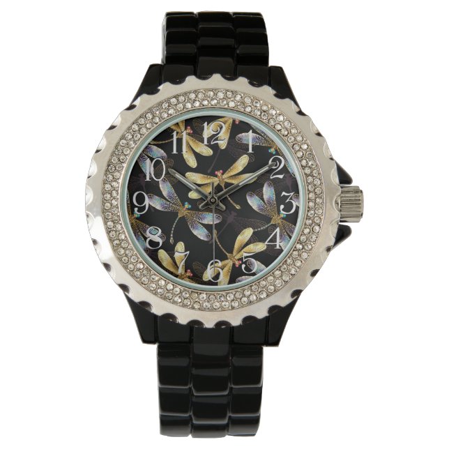 Nahtloses Muster mit goldenen Libellen Armbanduhr (Vorderseite)