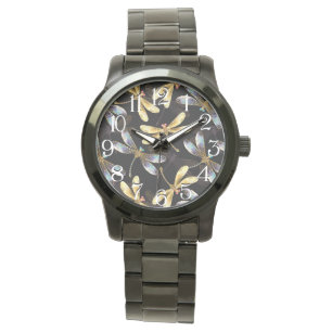 Nahtloses Muster mit goldenen Libellen Armbanduhr
