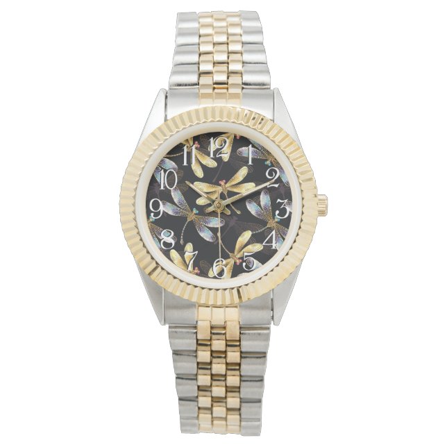 Nahtloses Muster mit goldenen Libellen Armbanduhr (Vorderseite)