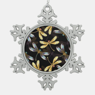 Nahtloses Muster mit goldenen Libellen Schneeflocken Zinn-Ornament