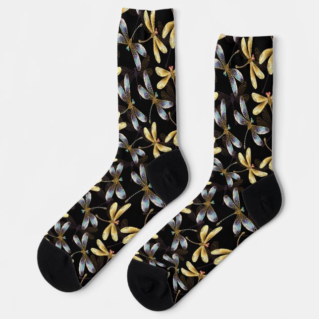 Nahtloses Muster mit goldenen Libellen Socken (Linkes Detail)