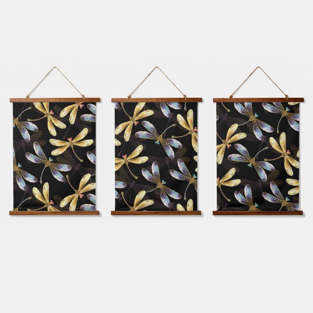 Nahtloses Muster mit goldenen Libellen Wandteppich Mit Holzrahmen (Dreifach)