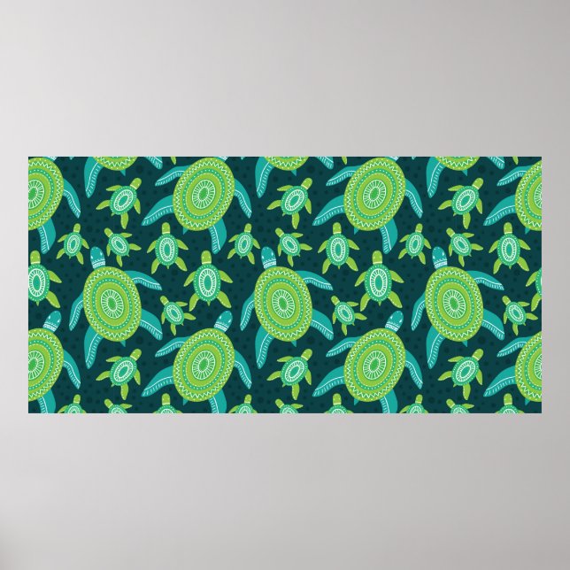 Nahtloses Muster mit grünen Zierschildkröten. See Poster (Vorne)