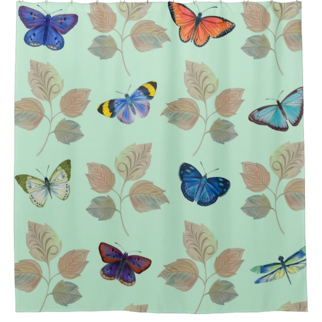 Nahtloses Muster mit hellen Schmetterlingen und Ve Duschvorhang (Vorderseite)