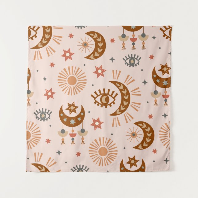 Nahtloses Muster mit Himmelsauge, Mond, Sonne Wandteppich (Vorderseite)