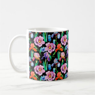 Nahtloses Muster mit Iris- und Peony-Blume, Wasser Kaffeetasse